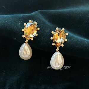 Oscar de la Renta Gold-Tone Amber Crystal and White Pearl Drop Earrings